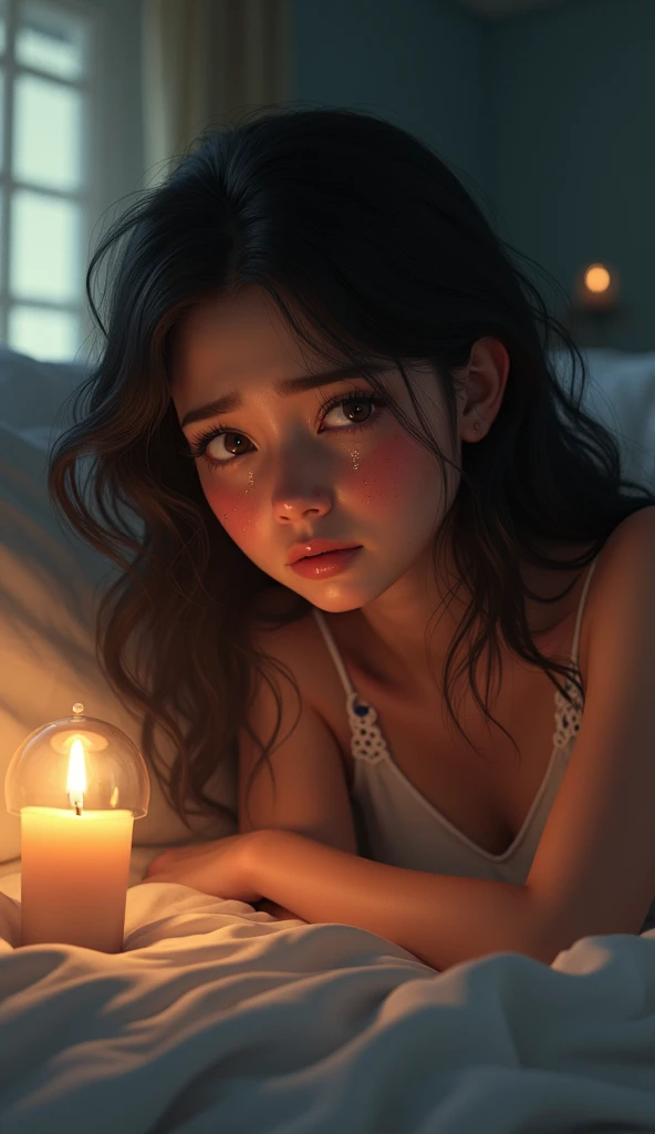 A crying pretty young woman standing in a bedroom, pixar style, cinematic, masterpiece, high-aesthetic