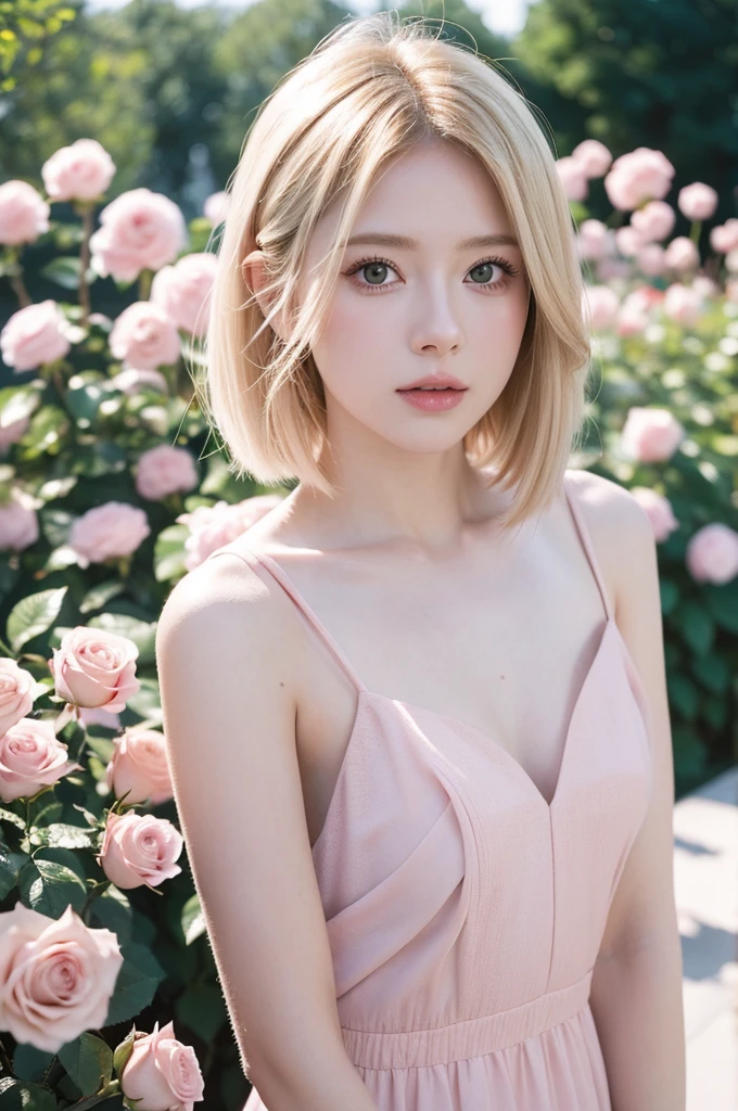 8K, RAW photos, Fujifilm, Fashion photo of a beautiful young woman Avril Lavigne in a light pink rose garden (Highly refined skin: 1.2) Style - Petal BREAK Short Hair, Blonde, Wearing a dress, Film granulation, 35 mm, Cute style