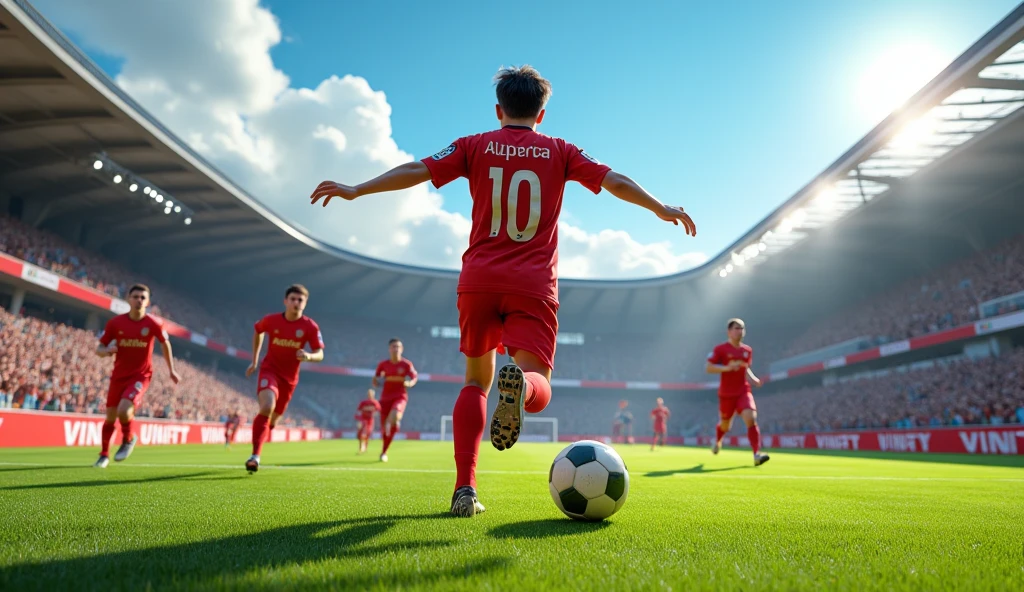 /imagine prompt: Realistic, bright and clear day at a well-maintained green soccer field, surrounded by cheering fans in a small stadium. A 15-year-old boy, wearing a red jersey with the number 10, dribbles past defenders with impressive skill and scores a spectacular goal. His teammates lift him in celebration, but his eyes reveal a hint of melancholy amidst the joy. The crowd’s excitement contrasts with the boy's introspective moment: Unreal Engine, hyper-realistic —ar 16:9