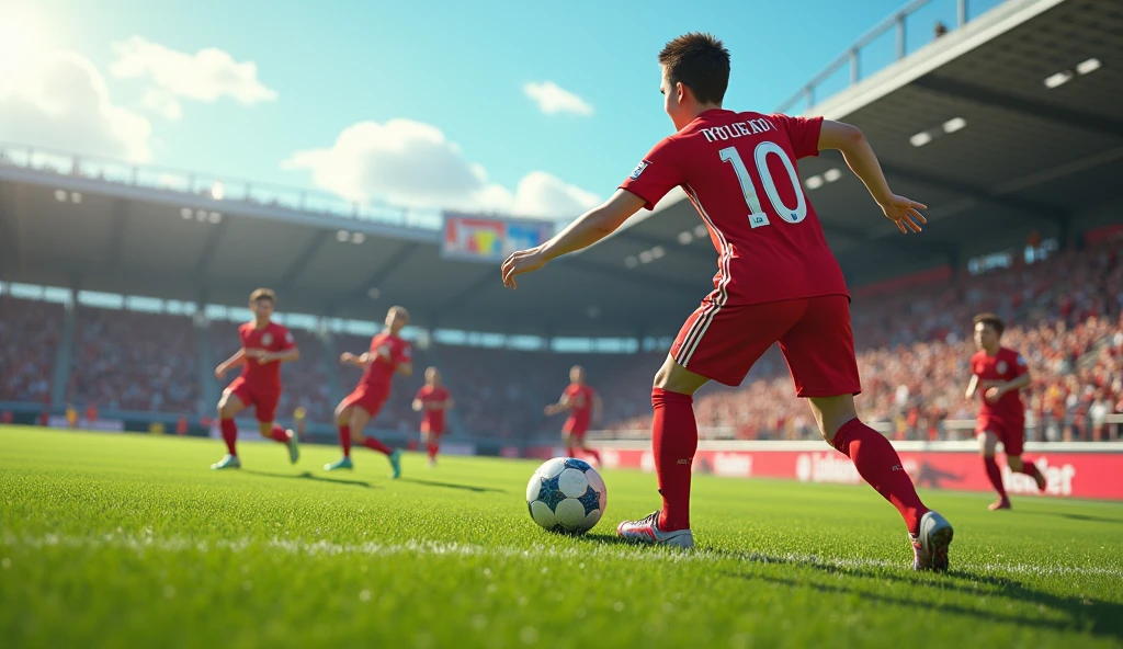 /imagine prompt: Realistic, bright and clear day at a well-maintained green soccer field, surrounded by cheering fans in a small stadium. A 15-year-old boy, wearing a red jersey with the number 10, dribbles past defenders with impressive skill and scores a spectacular goal. His teammates lift him in celebration, but his eyes reveal a hint of melancholy amidst the joy. The crowd’s excitement contrasts with the boy's introspective moment: Unreal Engine, hyper-realistic —ar 16:9