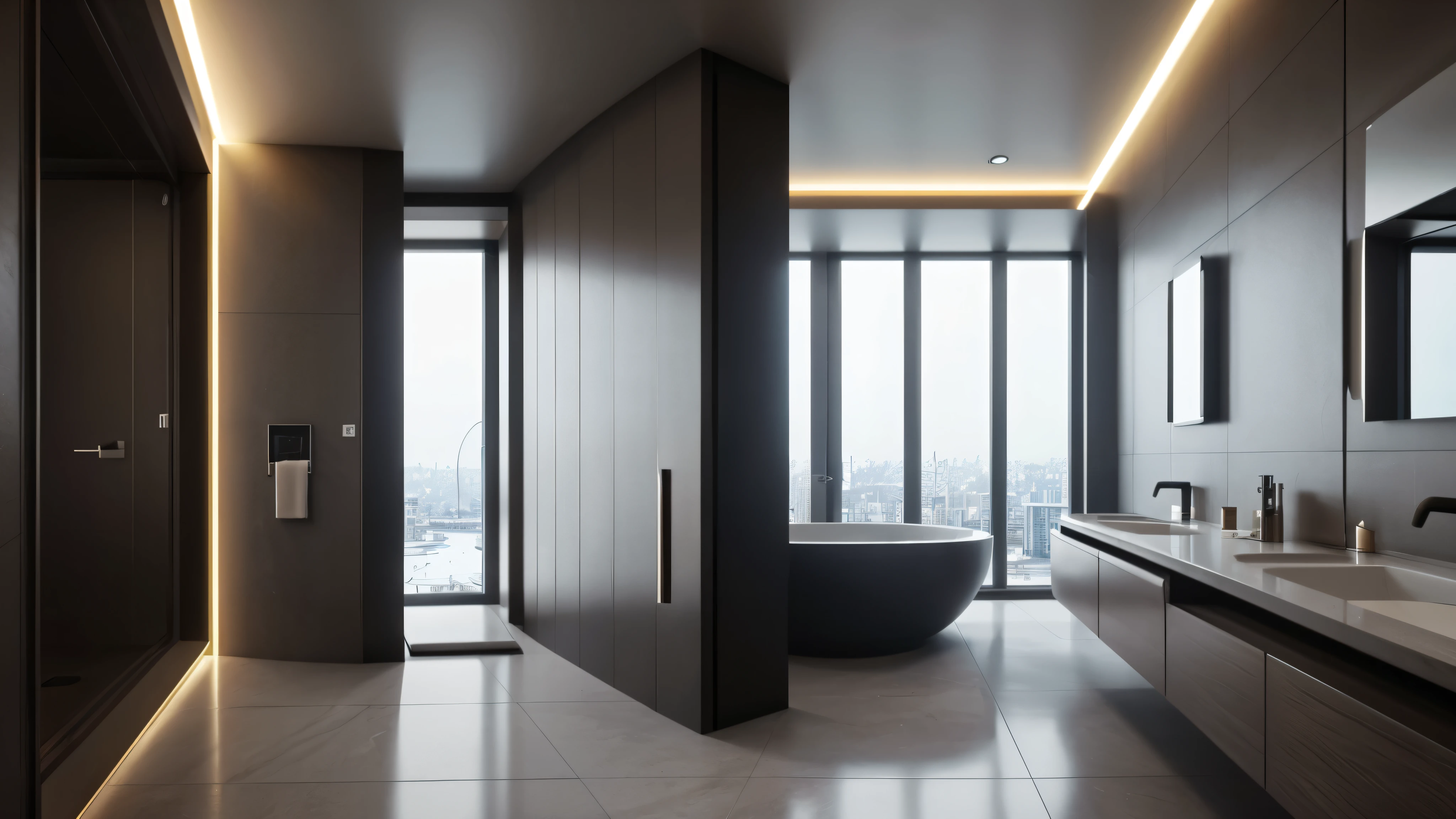 scifi, luxury toilet room, architectual, space design, cyberpunk, futuristic, hightech, hard-surface design, daylight, much tech, much electronic, much space, very cozy, ambient light, realistic view, wide angle, year 2124