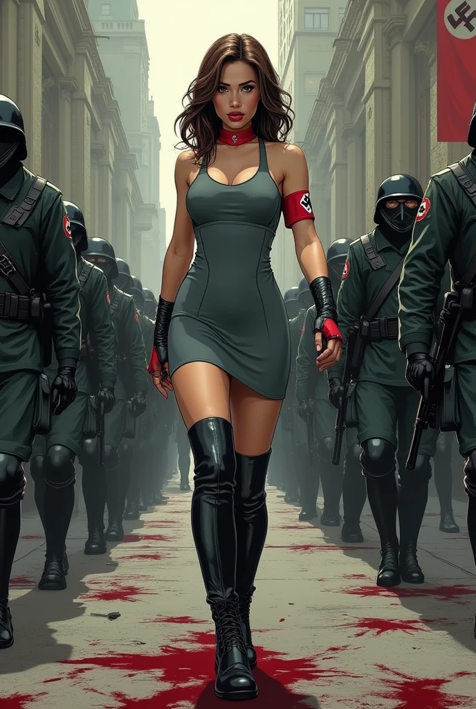 Comic book style. Nazi princess with medium length brown hair, brown eyes, glossy red lips and a skintight gray  athletic dress with thigh high combat boots. A red Nazi swaztika hair pin and armband accessorize her outfit.  She is leading an army of black armored Nazi soldiers into a city to take it over by force.  Bodies lie bloody in the streets.