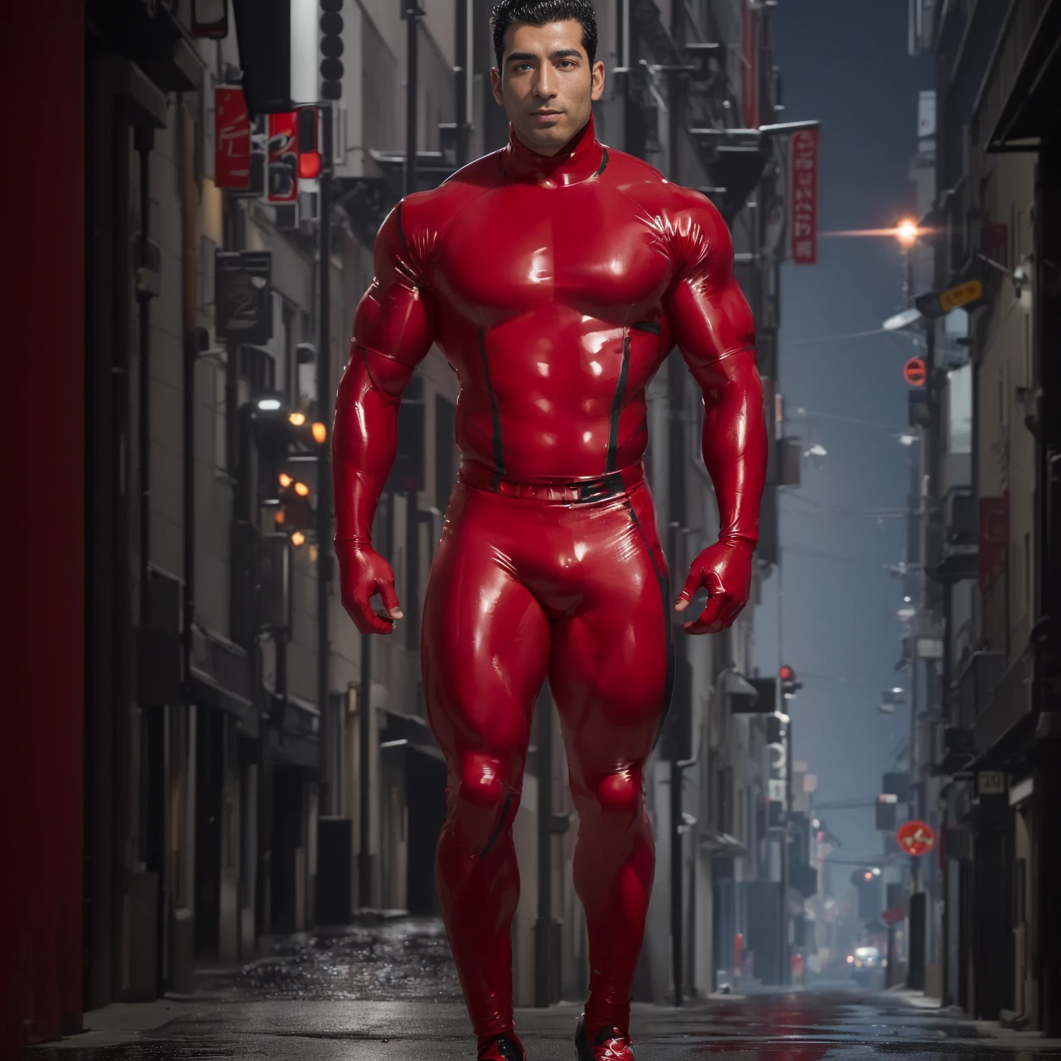 arafed man in a red and black wet suit standing in a street, huge glistening muscles, rubberhose style, superhero body, exaggerated muscle physique, rubbery-looking body, rubbery - looking body, rubber suit, muscular male hero, hard rubber chest, bulging muscles, exaggerated muscles, sci - fi armour! muscular