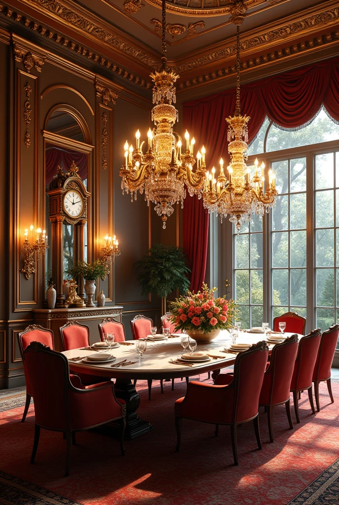 Make me a very large, luxurious and extravagant dining room in the style of the 1988s. Give me details so I know we are in that era. It is in a mansion. Give me the windows.