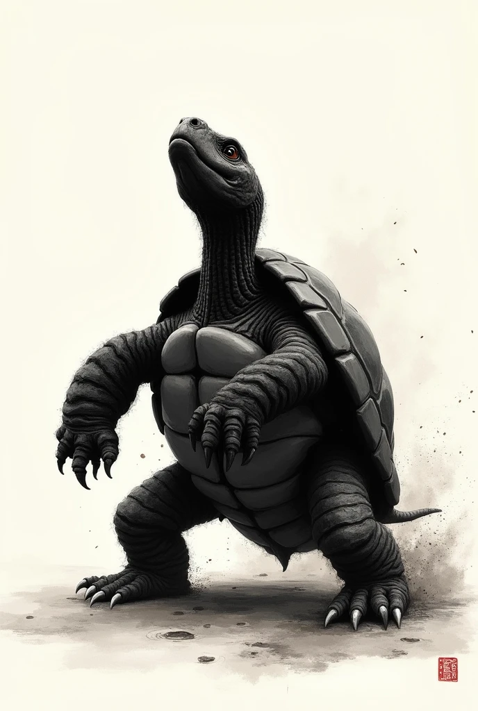 Chinese style black Tortoise Ink non realistic drawing 2D facing bakwards while its head look upwards