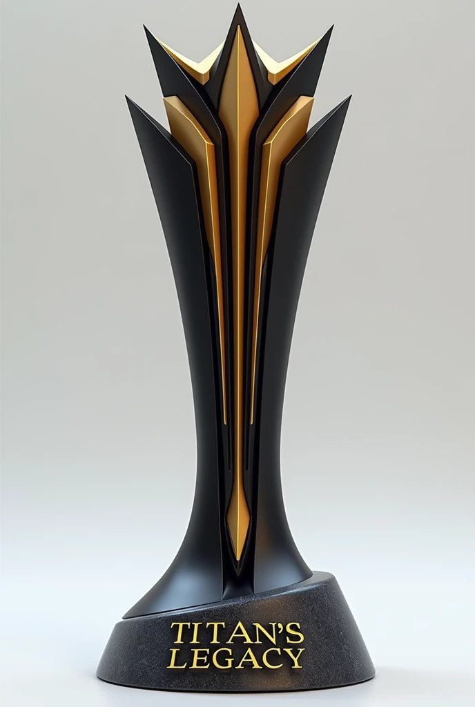 (photorealism:1.2)Style and Design:
Elegant and Futuristic: The trophy has a very stylish design with clean, sharp lines that give it a modern and futuristic look..
Elongated Shape: The structure is tall and thin, which gives it an imposing presence. Vertical and angular lines accentuate this feeling of height..
Colors and materials:
black and gold: The trophy combines dark colors, predominantly black, with details in a matte gold tone. This creates a strong and elegant visual contrast..
Glossy surface: The finish appears to be smooth and matte., which suggests that the trophy is made with a 3D printer,
Visual Elements:
Lightning and Spikes: On top of the trophy, There is a crown fused between that of a king and a queen. With a ray that seems to emanate from the center, giving you a feeling of energy and power, as well as elegance Conical base and rock shape : The base is wider,conical,high and rock shape providing stability to the design.
It is designed in a way that it flows into the body of the trophy without interruptions.. with great height Text:
"TITAN'S LEGACY": The text on the base of the trophy is written in a clean, modern font style., in a golden tone that stands out against the dark base.
made with 3d printer