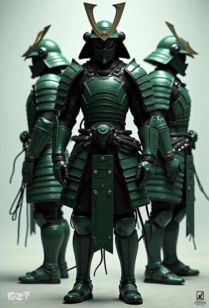 character turn-around sheet, front-view side-view back-view, Black and green armored samurai, wires cybernetic implants, art by adrian ghenie and esao andrews and jenny saville, surrealism dark art by james jean and takato yamamoto and blii sienkiewicz, trending on artstation, sharp focus, studio photo, intricate details, highly detailed, by greg rutkowski, Dark souls, bloodborne Unreal Engine 5, Cinematic, Color Grading, portrait Photography, Ultra-Wide Angle, Depth of Field, hyper-detailed, beautifully color-coded, insane details, intricate details, beautifully color graded, Unreal Engine, Cinematic , Color Grading, Editorial Photography , Photography, Photoshoot, Shot on 70mm lens, Depth of Field, DOF, Tilt Blur, Shutter Speed 1/1000, F/22