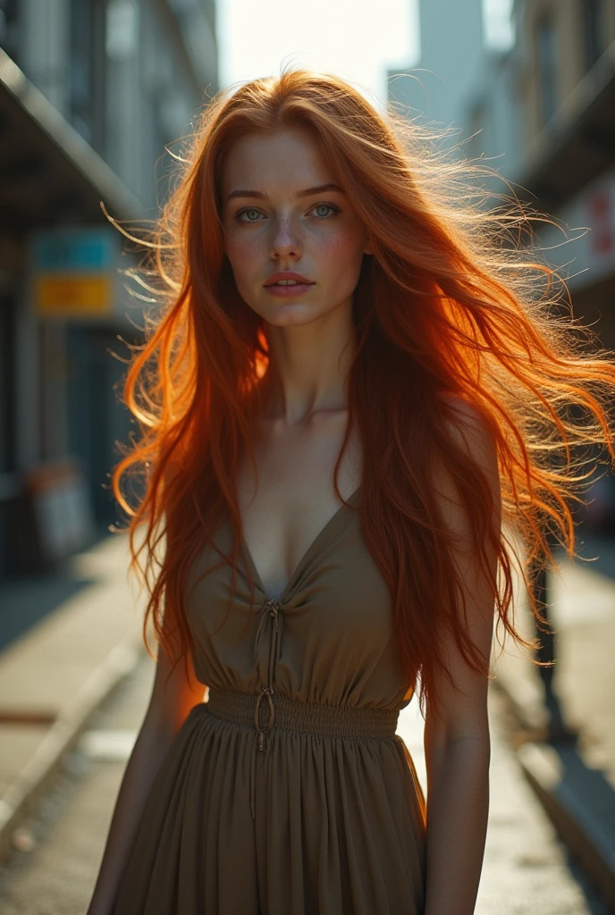 there is a woman with long red hair standing on the street, redhead girl, redhead woman, beautiful redhead woman, infp young woman, long ginger hair, a redheaded young woman, long ginger hair windy, red haired young woman, wild ginger hair, flowing ginger hair, she has long redorange hair, photo of a beautiful woman, red hair girl