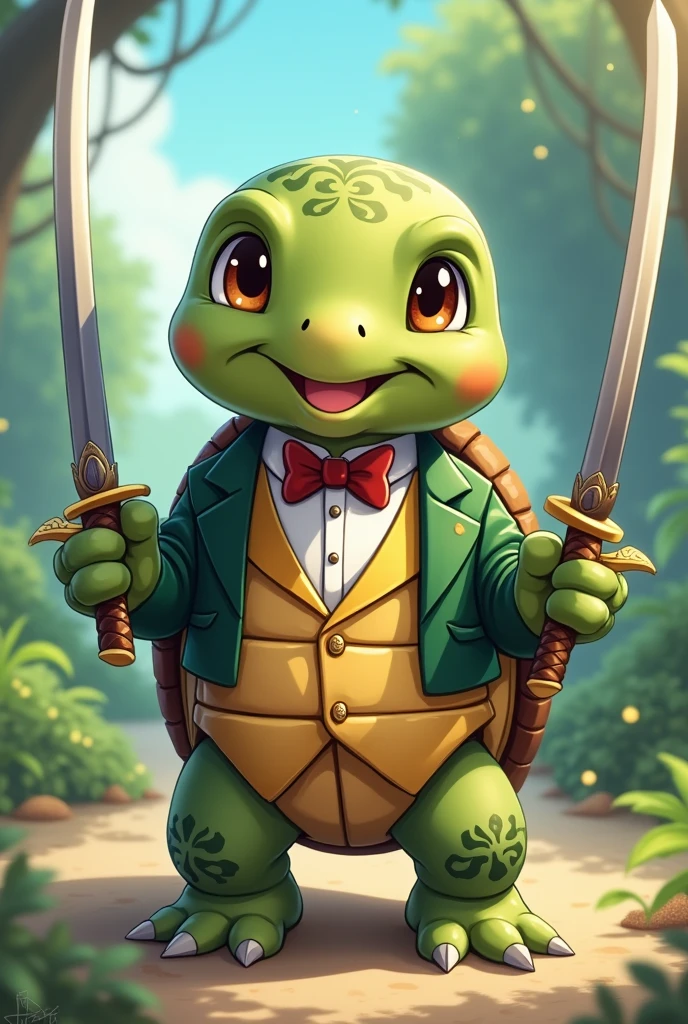 An anime turtle in a gala suit with two swords happy with brown eyes , height of 1.70