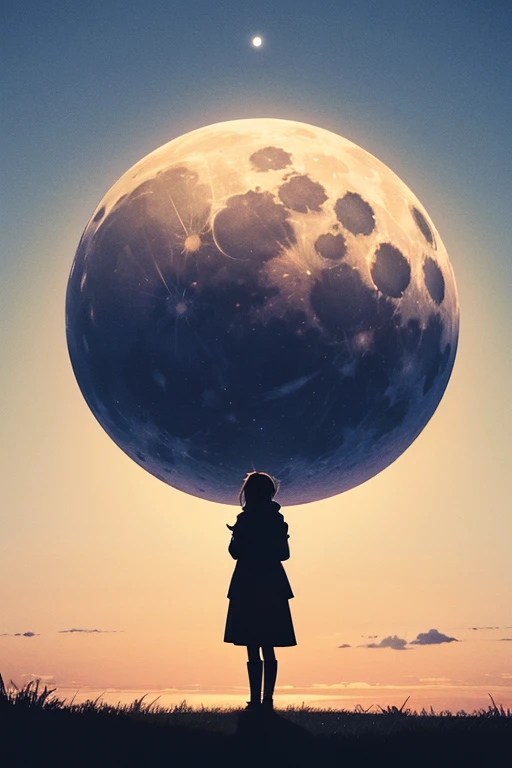 Highest quality,Big moon and shadow,A silhouette of a person can be seen against the backdrop of a large moon.,There is one full moon,There is a mood,Beautiful scenery,Starry Sky