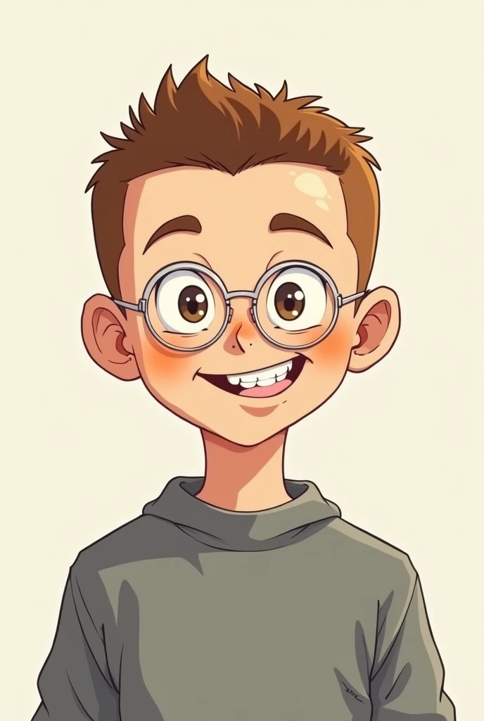 je veux un garçon de  qui souris et qui fait un petit viril et foufou avec une buzz cut qui a les cheveux brun et des lunettes de vue transparente avec un pull gris dans le style manga ( c'est pour une photo de profil )