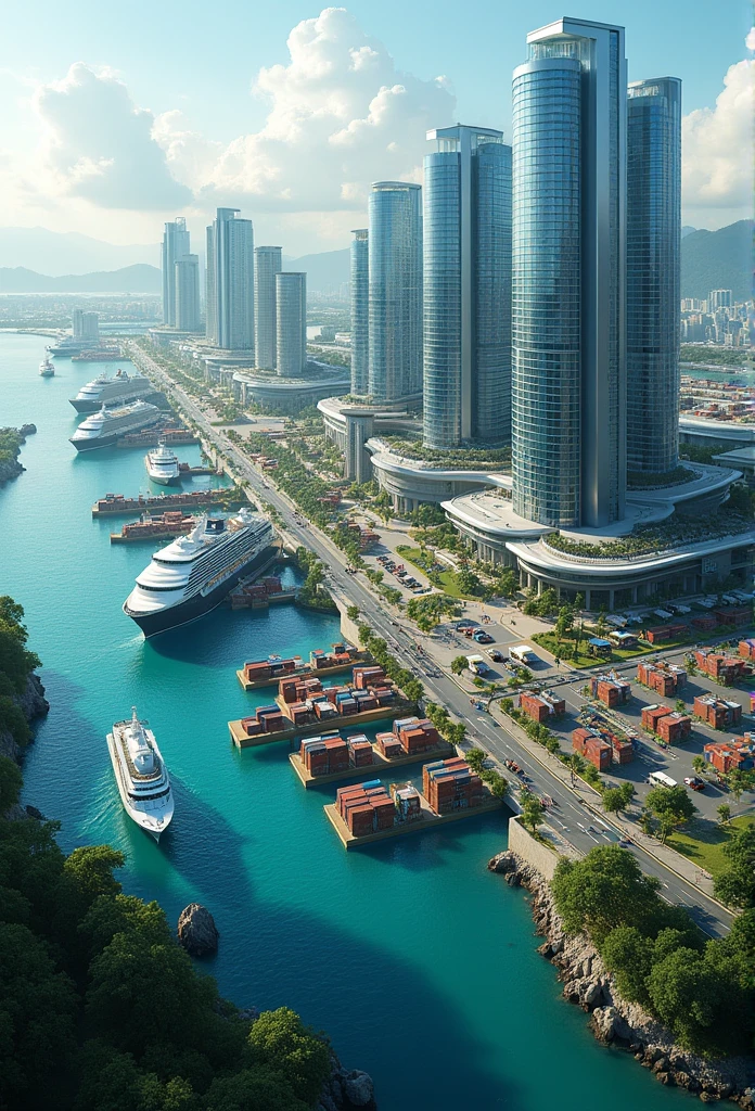Modern international deepwater megaport in Panama with shops, Hotels, restaurants, parks and shops and industrial zone ZEDE . You can download 5 Panamax container ships and 5 cruise ships