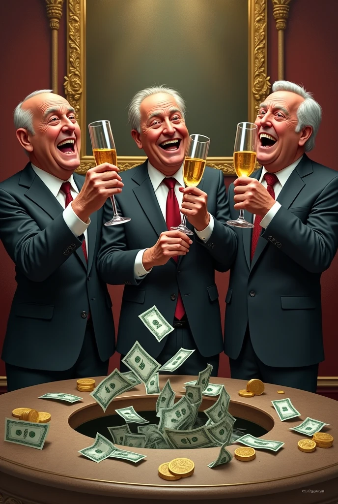 create an image of money going down the drain while politicians drink champagne and laugh representing how public money is wasted