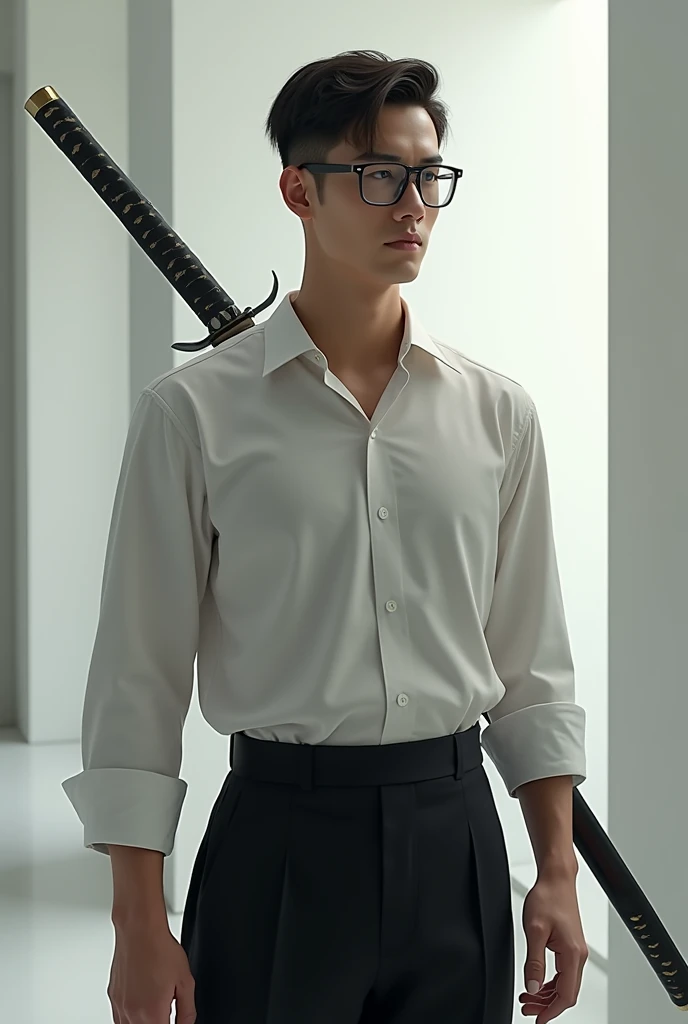 Tall lean man with glasses, short hair, modern formal shirt, full body, Katana