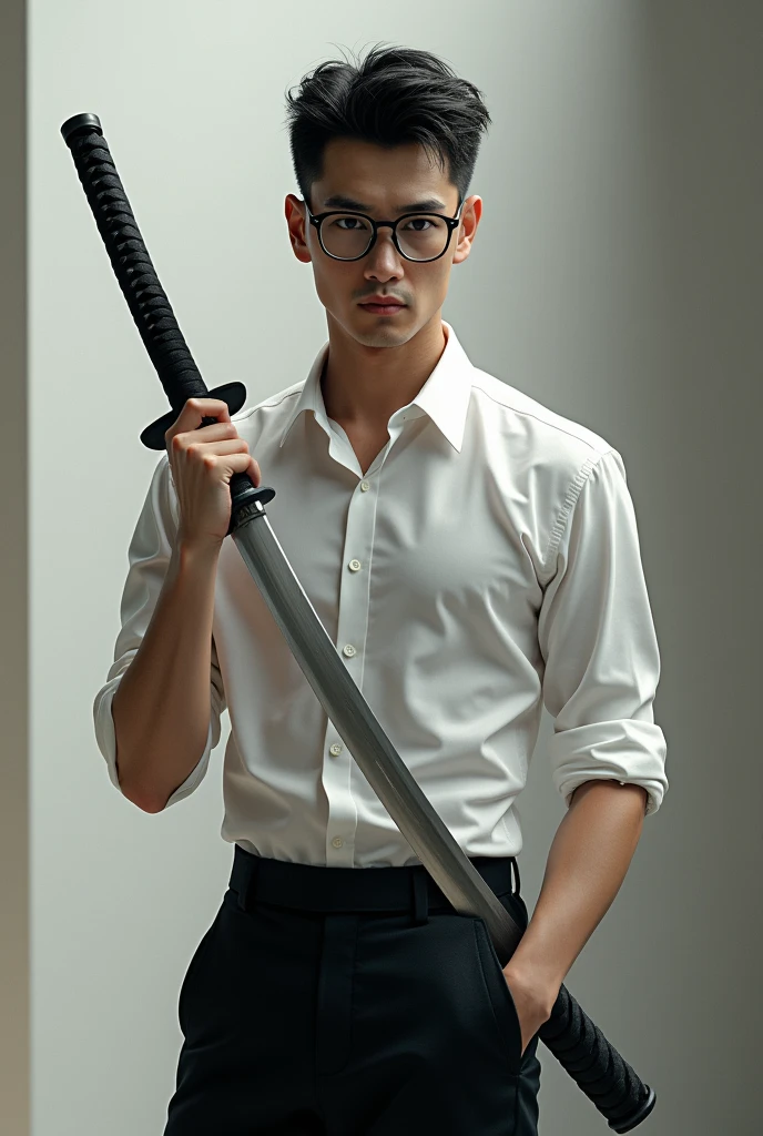 Tall lean man with glasses, short hair, modern formal shirt, full body, Katana