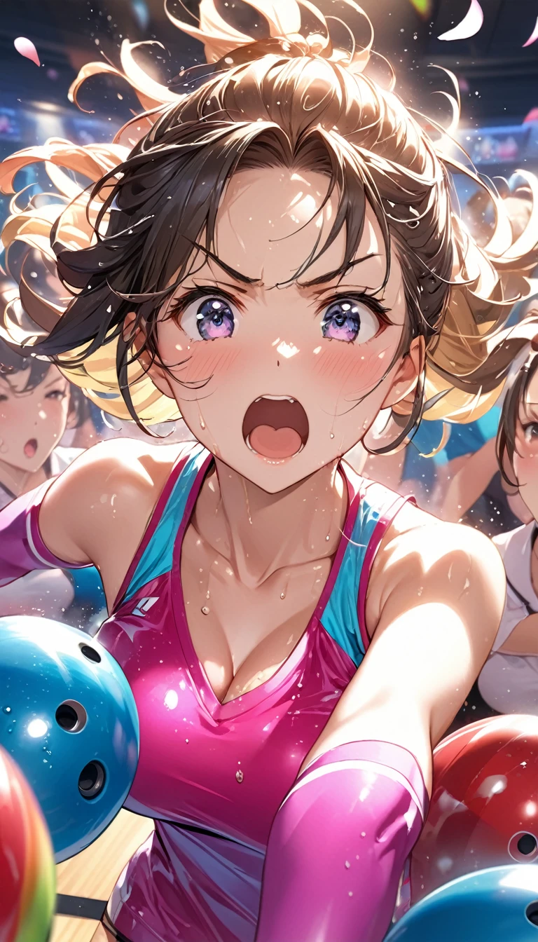 (Sports magazine cover photo), Highest quality, Great quality, 16K, Unbelievably absurd, Very detailed, delicate and dynamic, Natural light, The particles reflect light, Diffuse reflection of light, Many rainbow-colored petals fall, Beautiful hall, Sparkling Sun, Diffuse reflection of light, Create amazing image effects, , Wet, sweating, Bowling, Spare, Strike pins, Throwing Ball, Close-up(Cute sexy girl, big bouncing busts, Sensual expression, Cool girl, Serious, passion, Dynamic, Flashy bowling wear, ,audience , much-air-laden cheer)