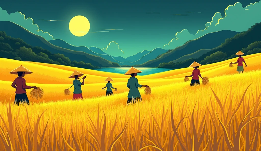 golden rice fields, a group of people are harvesting rice in the style of minimalist cartooning, cartoonish character design, hieratic visionary, figura serpentinata, bioluminescence, bill watterson
