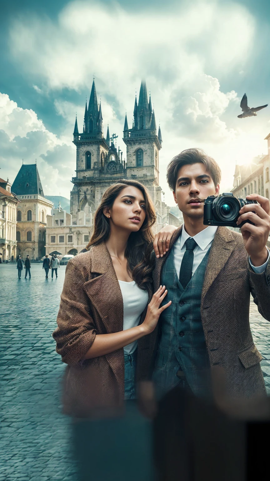 Full image. In the middle of a picturesque square, a couple poses capturing a moment in time. Photorealism, full view, very detailed image, very realistic, hyperrealism, cinematography, Ultra HD, 8k, Unreal Engine 5, sharp focus, intricate and mysterious masterpiece. (Long exposure photography Artistic illustration close-up portrait very detailed: final quality, medium shot, backlight, Rich and striking. Enigmatic and mysterious manipulations (composition of the rule of thirds), ((detailed environment with strong lines) The best quality, in camera, white light, warm and clean aesthetics, dazzling screen composed of millions of brilliant ultraviolet rays, HDR.