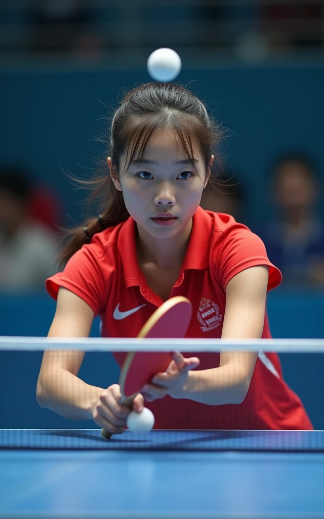 Chinese female table tennis players,full-body shot,Panoramic vistas,Wide-angle lens,18-year-old beauty,Fair skin,Charming,beauty,cute,Bright Lights,Pull the ball,spike,Spinning ball,The competition is intense and exciting,Olympic Games finals as background
