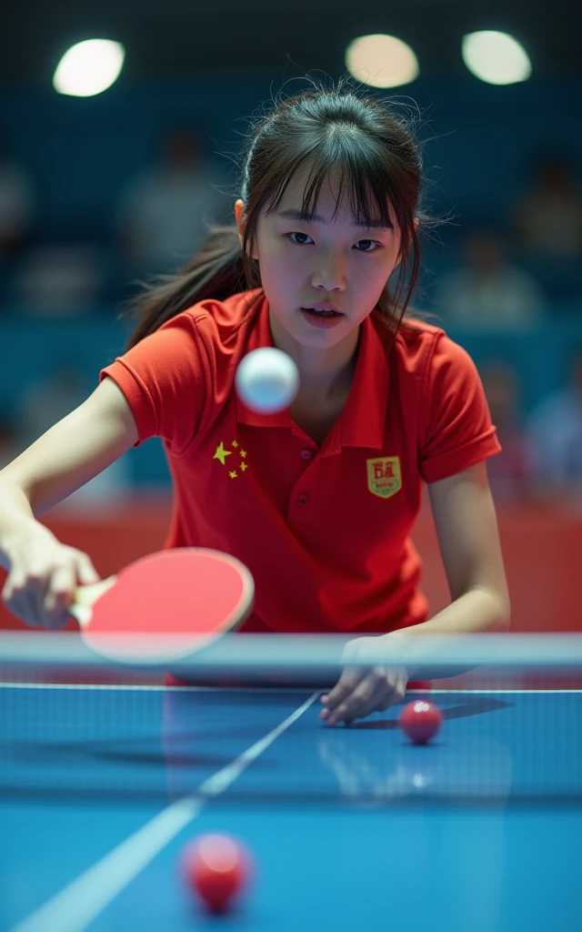 Chinese female table tennis players,full-body shot,Panoramic vistas,Wide-angle lens,18-year-old beauty,Fair skin,Charming,beauty,cute,Bright Lights,Pull the ball,spike,Spinning ball,The competition is intense and exciting,Olympic Games finals as background