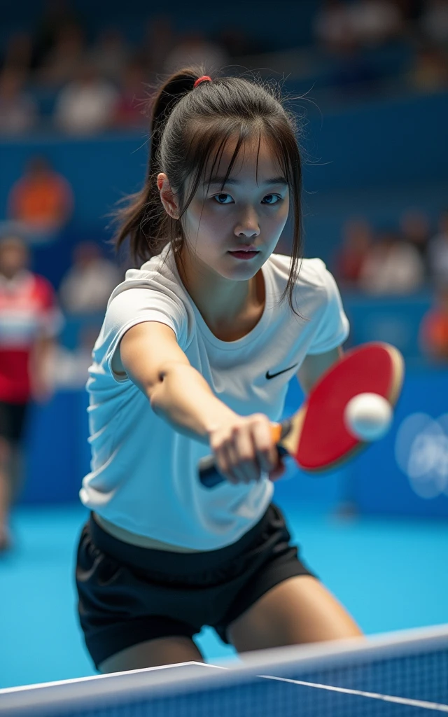 Chinese female table tennis players，full-body shot，Panoramic vistas，Wide-angle lens，18-year-old beauty，Fair skin，Charming，beauty，cute，Bright Lights，Pull the ball，spike，Spinning ball，The competition is intense and exciting，Olympic Games finals as background