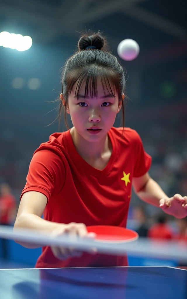 Chinese female table tennis players，full-body shot，Panoramic vistas，Wide-angle lens，18-year-old beauty，Fair skin，Charming，beauty，cute，Bright Lights，Pull the ball，spike，Spinning ball，The competition is intense and exciting，Olympic Games finals as background