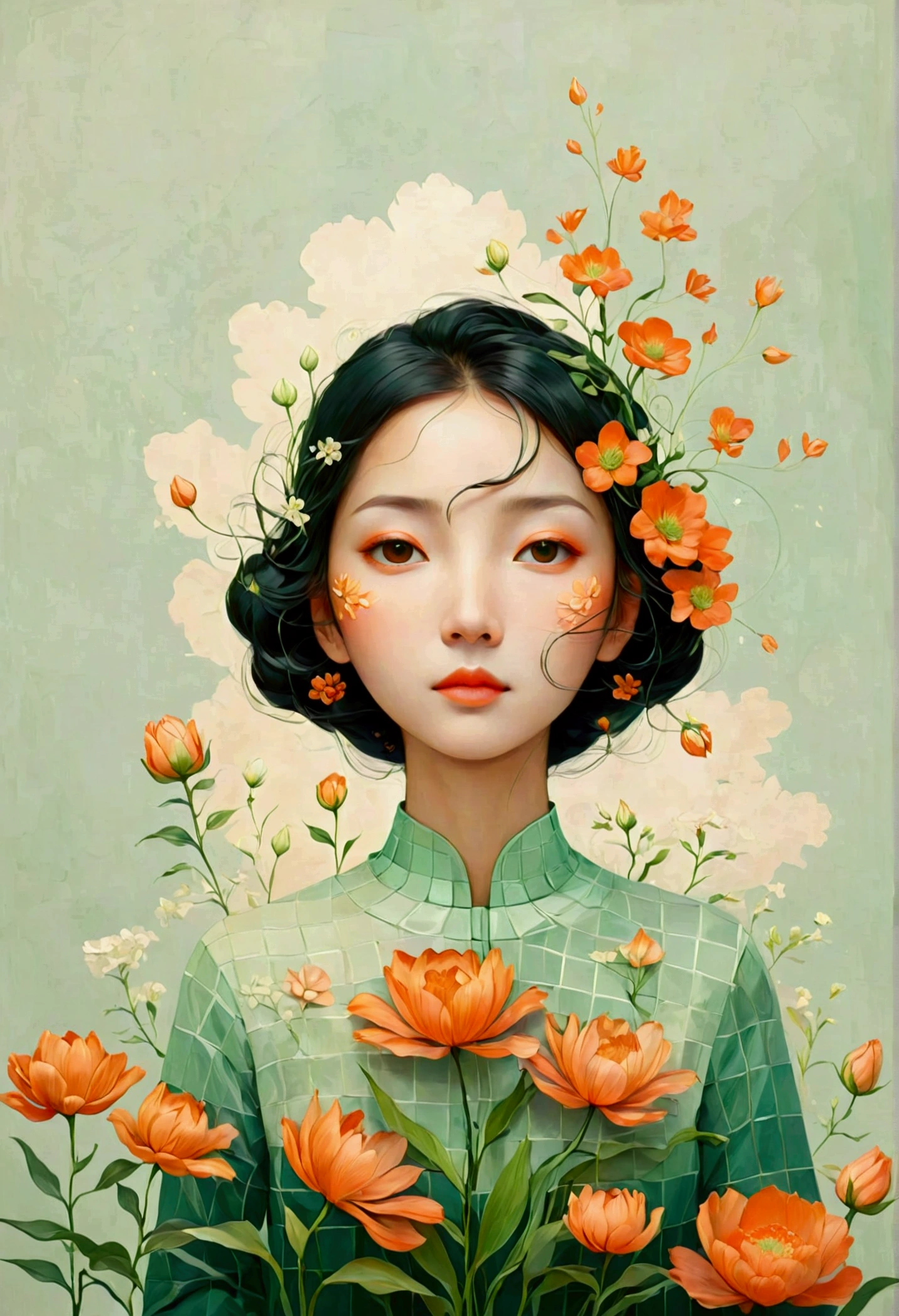 In the style of Victo Ngai, Beautiful Dite,Simple,modern,advanced,cute,Color blocking,flowers,Orange,light green,grid,line,illustration,Vigor,pixar,