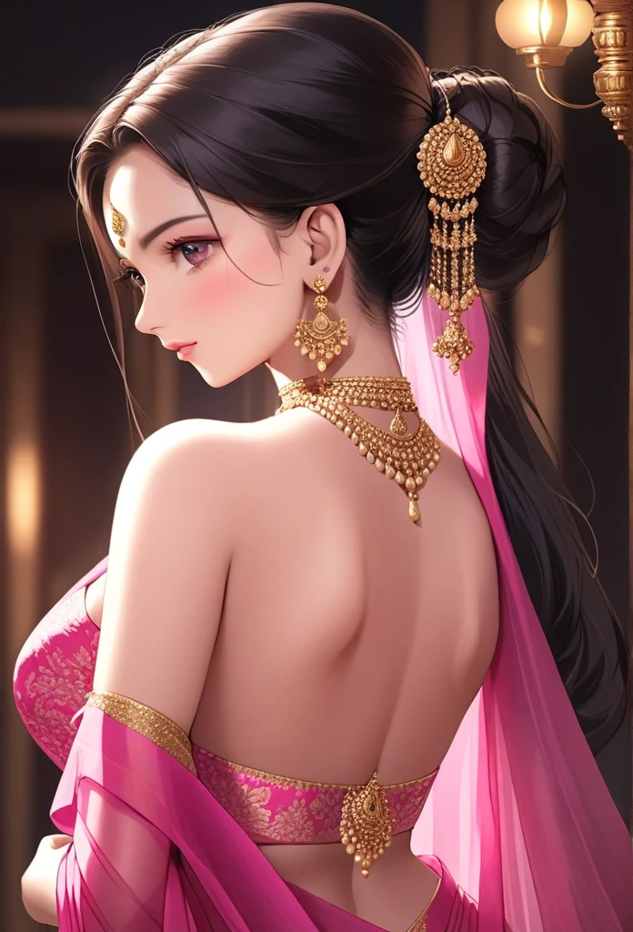 Renowned actress at the age of 28 wearing a provocative intricate design pink saree braless, long hair bun, saggy breasts ,makeup, beautiful, alluring,long heavy jhumka earrings