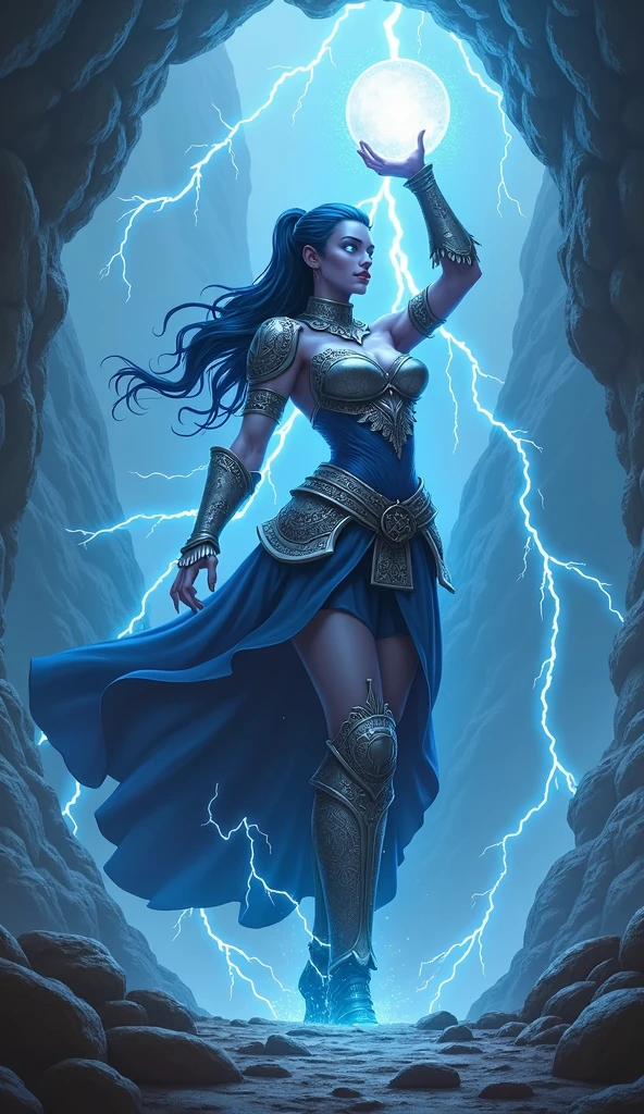Aletta Ocean, angry evil beautiful and muscular, Nordic female, towering storm Giantess with blue black hair in a ponytail, older and mature woman, throwing a lightning ball, celtic glowing tattoos, wearing silver nordic steel runic plate mail Armour , temple cave background with lightning storm, glowing blue eyes, square jaw, powerful and imposing, winter clothing, pale blue purple skin, ((full plate silver celtic dragon armour)), nordic tattoos with bodybuilder physique 