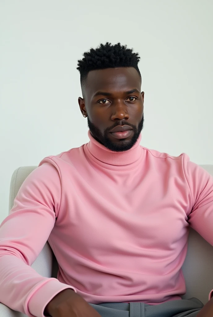 best qualityer:1.4), (ultra high resolution:1.2), (photorrealistic:1.4), (8k, CRU photo:1.2), A young man of 20 years old, black skin color, with a smooth, beardless face, with short hair, with shaved sides and a little volume on top, similar to the fade or taper haircut style, pink long sleeve high neck shirt, grey social pants, is sitting on a white sofa. the camera is focusing on your face. He has a seductive face for the camera. You are in a photography studio with a white background 