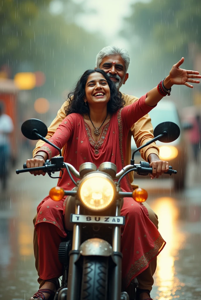 Create a image of Indian teenage girl wearing a churidar kameez sitting in the motorbike with her father during the rain . She keeps her arm open and laugh so much