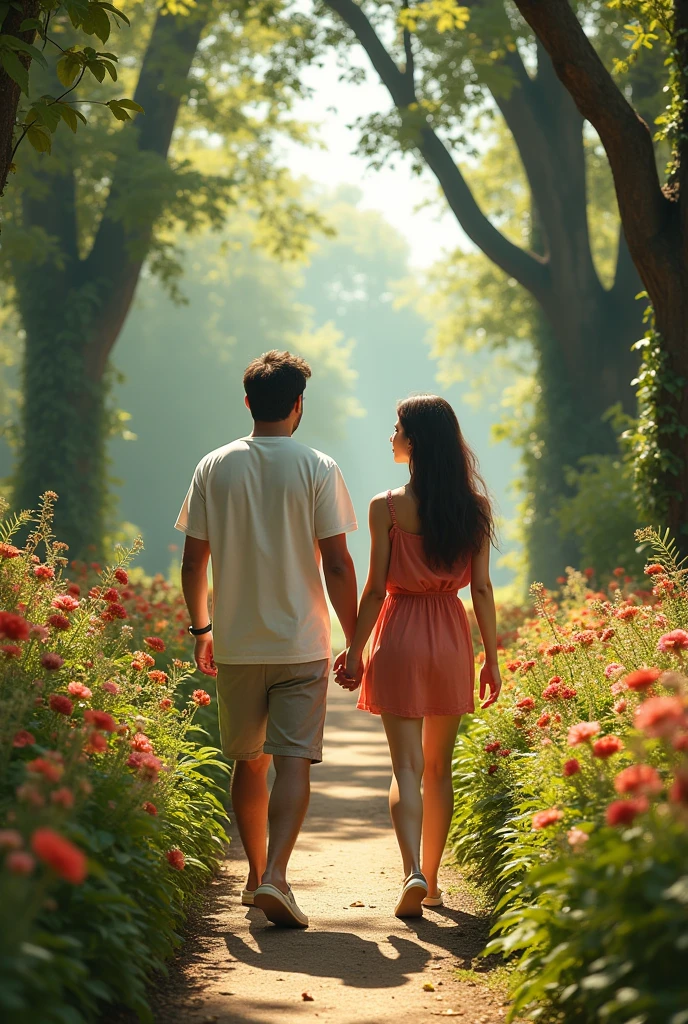 a man and a beautiful woman walking through a lush flower garden, detailed facial features, casual dress, sunny day, photorealistic, cinematic lighting, intricate foliage, towering trees, dynamic poses, dramatic shadows, vibrant colors, breathtaking scenery, (best quality,4k,8k,highres,masterpiece:1.2),ultra-detailed,(realistic,photorealistic,photo-realistic:1.37),cinematic,dramatic lighting