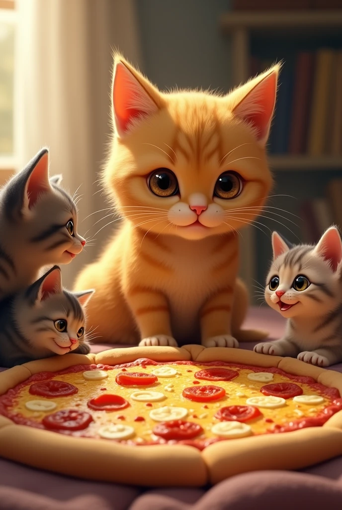 mother cat ( yellow cat ) see the kittens are hungry and they are imagining a big delicious pizza