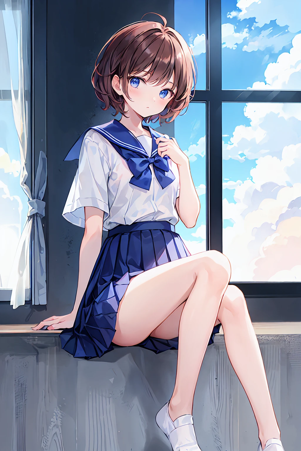 masterpiece, Highest quality, High range, YM1, Blue sailor collar, Blue Skirt, Short sleeve, White shirt, White socks, Seraphim, Pleated skirt, school uniform, Blue Sheet, Sitting, classroom, window, Raise your hand,Brown Hair,Shortcuts,Messy Hair,Slender beauty,Small chest,Beautiful feet