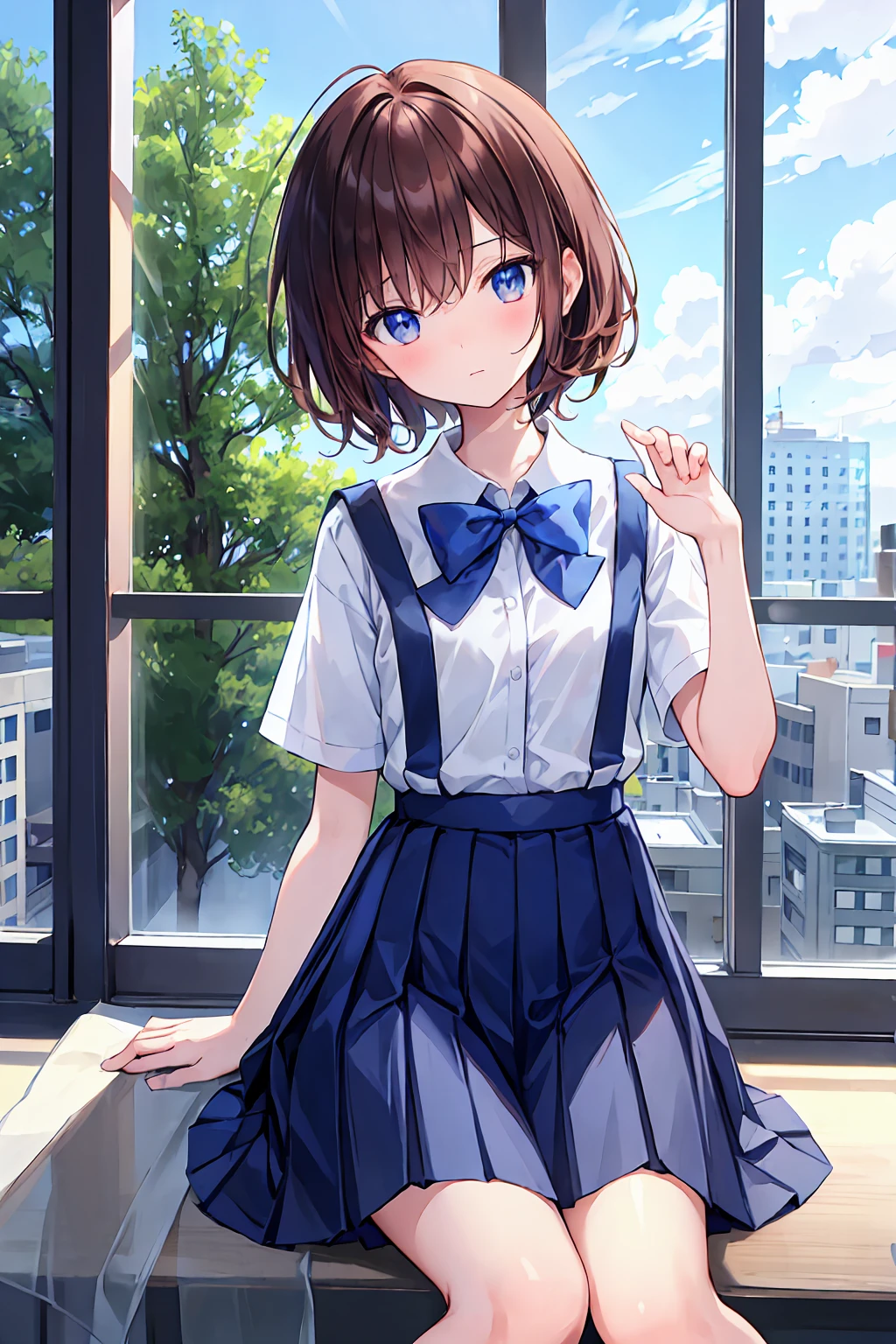 masterpiece, Highest quality, High range, YM1, Blue sailor collar, Blue Skirt, Short sleeve, White shirt, White socks, Seraphim, Pleated skirt, school uniform, Blue Sheet, Sitting, classroom, window, Raise your hand,Brown Hair，Shortcuts，Messy Hair，Slender beauty，Small chest，Beautiful feet
