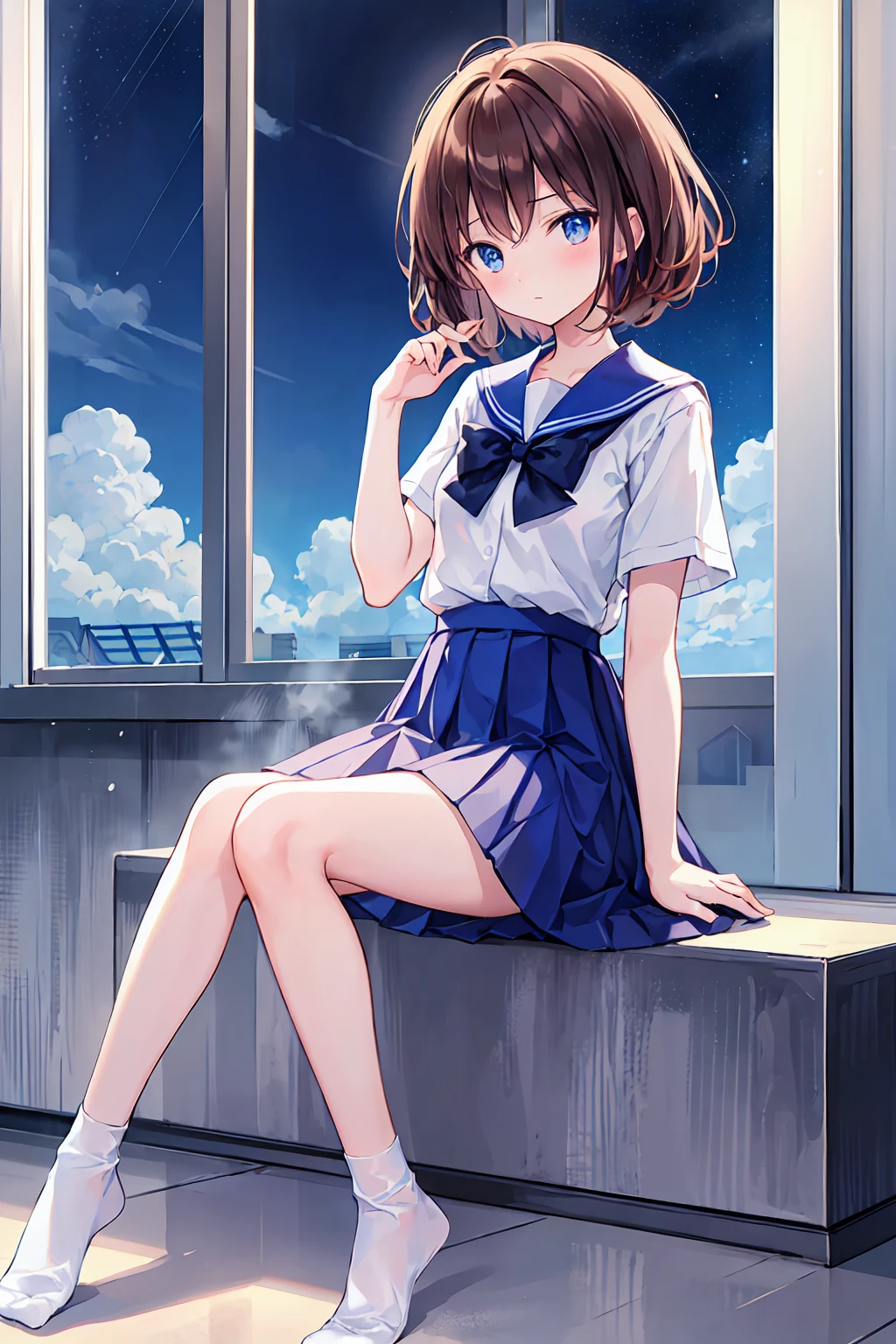 masterpiece, Highest quality, High range, YM1, Blue sailor collar, Blue Skirt, Short sleeve, White shirt, White socks, Seraphim, Pleated skirt, school uniform, Blue Sheet, Sitting, classroom, window, Raise your hand,Brown Hair,Shortcuts,Messy Hair,Slender beauty,Small chest,Beautiful feet