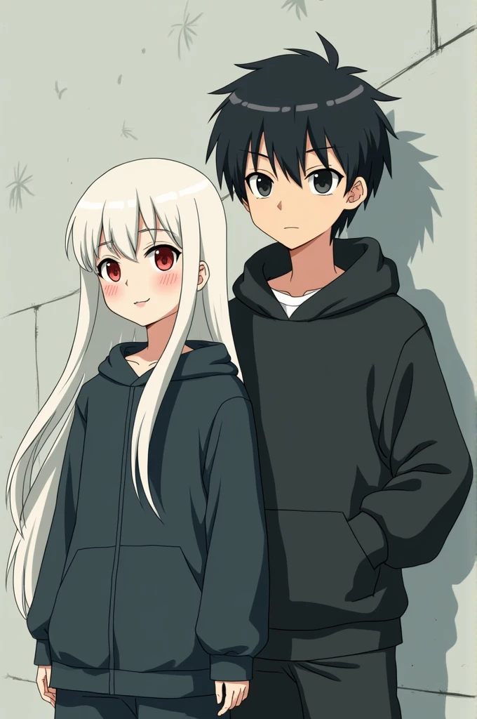 It&#39;s a Ghibli style image, where you can see a young man of approximately 24 years old, serious and black hair and black eyes, Wearing a black hoodie and black pants, an albino woman of approximately 24 years old was also seen, at your side, with red eyes and a happy and serene face, with long white hair. 

The background of the image is a grey wall. 