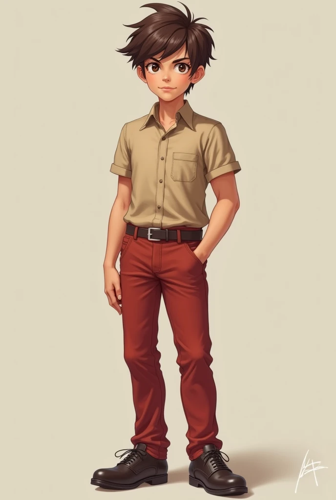 13 year old brown with short and ugly hair with a strong right arm wears a light brown blouse red pants and dress shoes