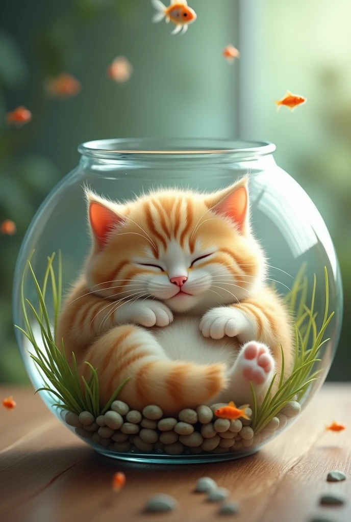 A kitten is sleeping in a glass fishbowl、Fat kitten、Sleeping uncomfortably in a goldfish bowl