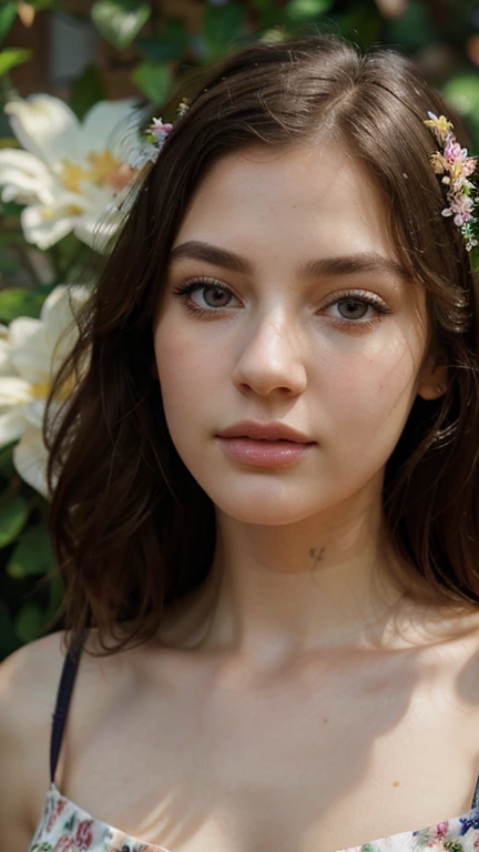 a skinny girl in a-line floral dress, beautiful detailed eyes, beautiful detailed lips, extremely detailed face, long eyelashes, delicate facial features, graceful pose, soft natural lighting, cinematic composition, vibrant colors, intricate floral patterns, lush garden background, photorealistic, 8k, high quality, masterpiece