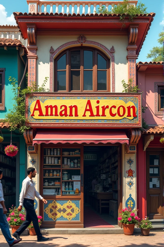 A Indian shop with a board on it named Aman Aircon
