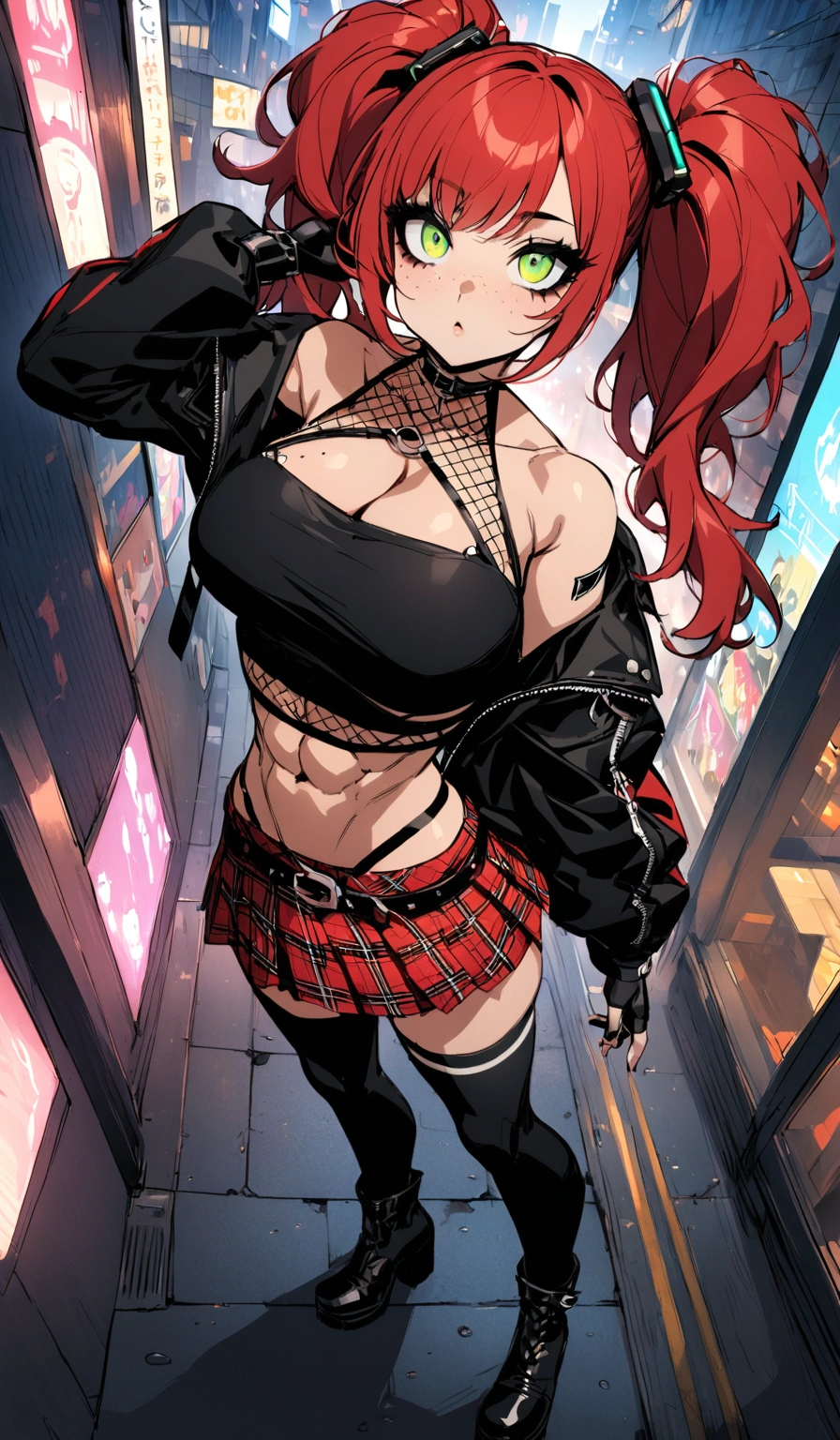 woman, curly red hair in pig tails, green eyes, black eyeshadow, wearing crop top black shirt, long black jacket, red plaid skirt, black knee high boots, black fingerless gloves, exposed shoulders, large breasts, freckles, abs, cleavage, looking up at viewer, masterpiece, best quality, Holo-Punk Style, in the city, make up, eyelashes, fish net undershirt, fish net stockings, (full body)