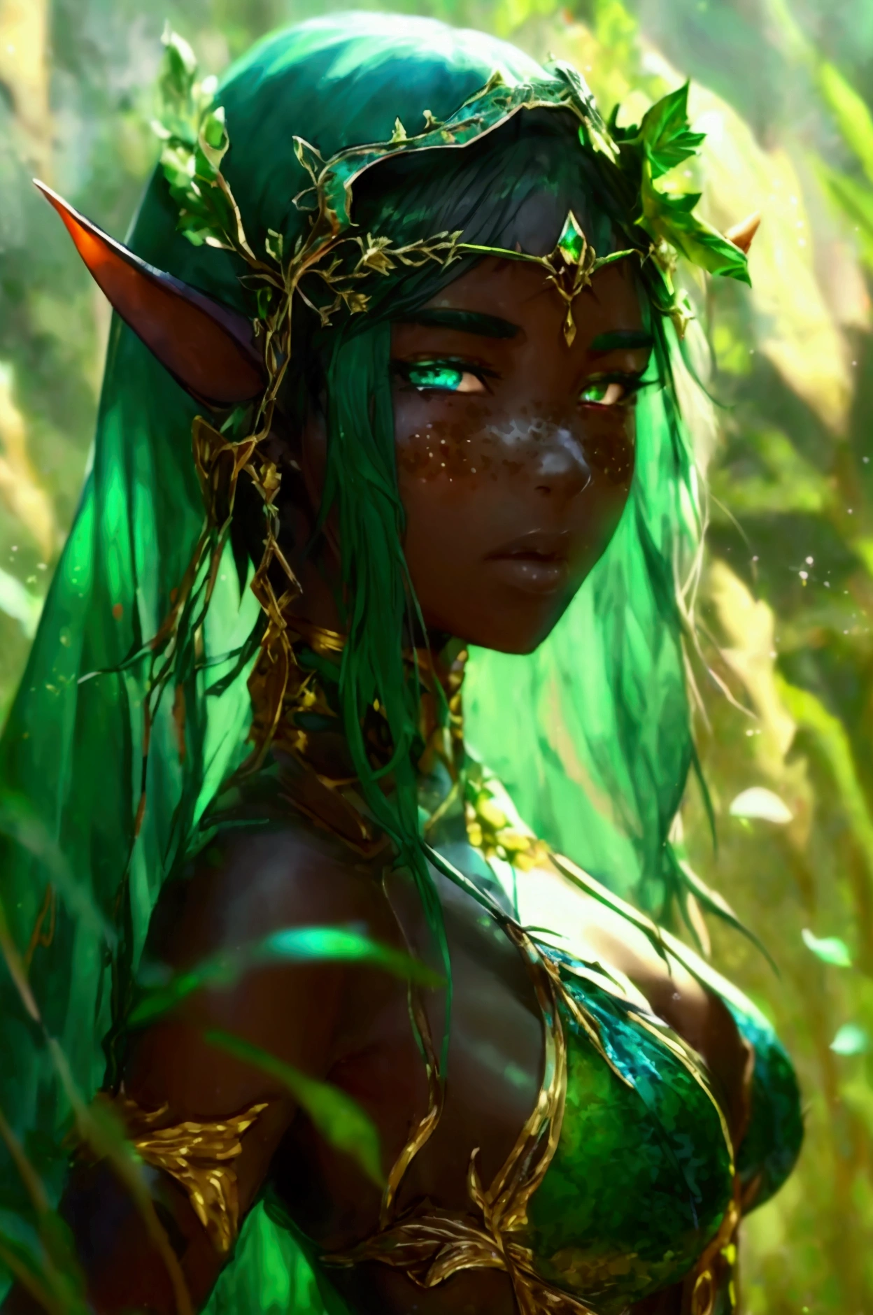 prismatic coloration, holographic environment, young girl, black skin, African-American, Beautiful, elven ears, Serious expression, ponytails, leaf green hair, Heterochromia with deep green & Gold eyes, C-cup, lithe, fit, Modest-attire, full-body, slender legs, beautiful eyes, freckles, leaf green eyebrows, Cute butt, (long straight prismatic Demon horns:1.2), wielding magic wand, Battle stance, grassy aura, mystic black-Green cloak with Golden Floral designs