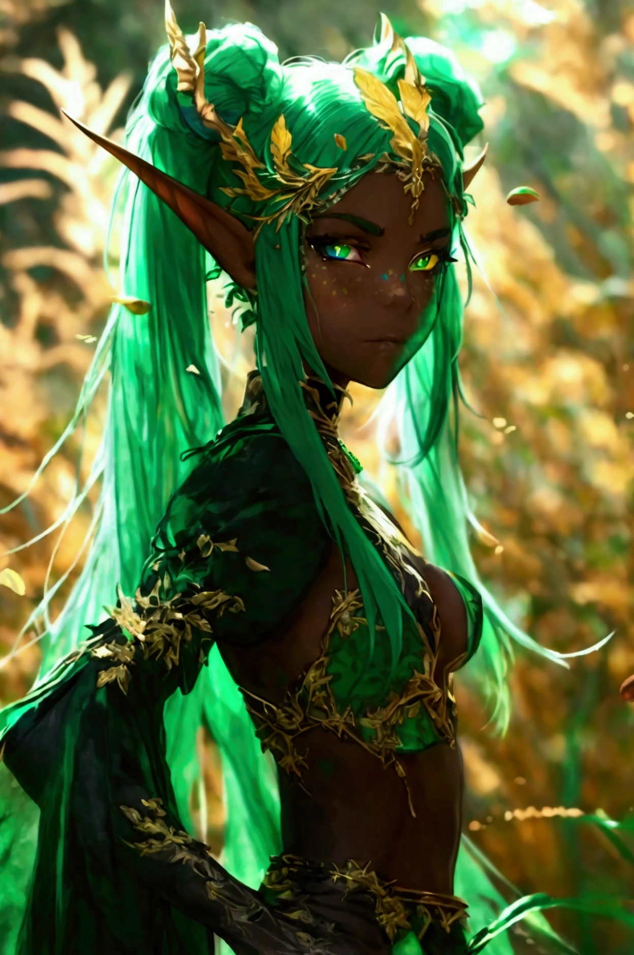 prismatic coloration, holographic environment, young girl, black skin, African-American, Beautiful, elven ears, Serious expression, ponytails, leaf green hair, Heterochromia with deep green & Gold eyes, C-cup, lithe, fit, Modest-attire, full-body, slender legs, beautiful eyes, freckles, leaf green eyebrows, Cute butt, (long straight prismatic Demon horns:1.2), wielding magic wand, Battle stance, grassy aura, mystic black-Green cloak with Golden Floral designs