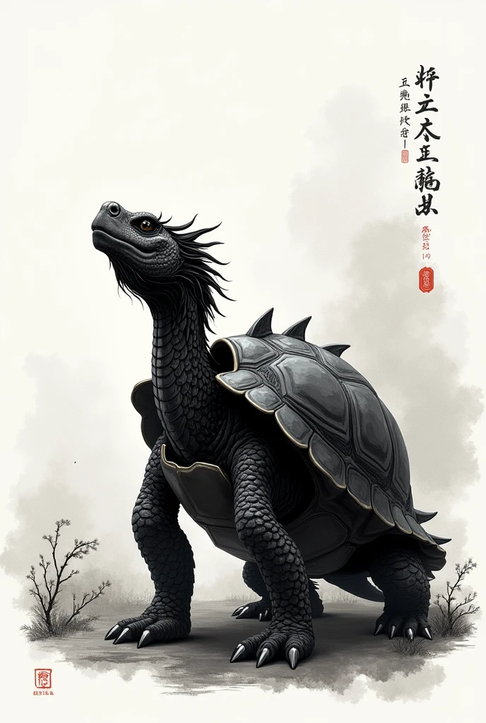 Chinese style black dragon Tortoise Ink non realistic drawing 2D facing backwards showing its elegant dragonic shell while its head look upwards