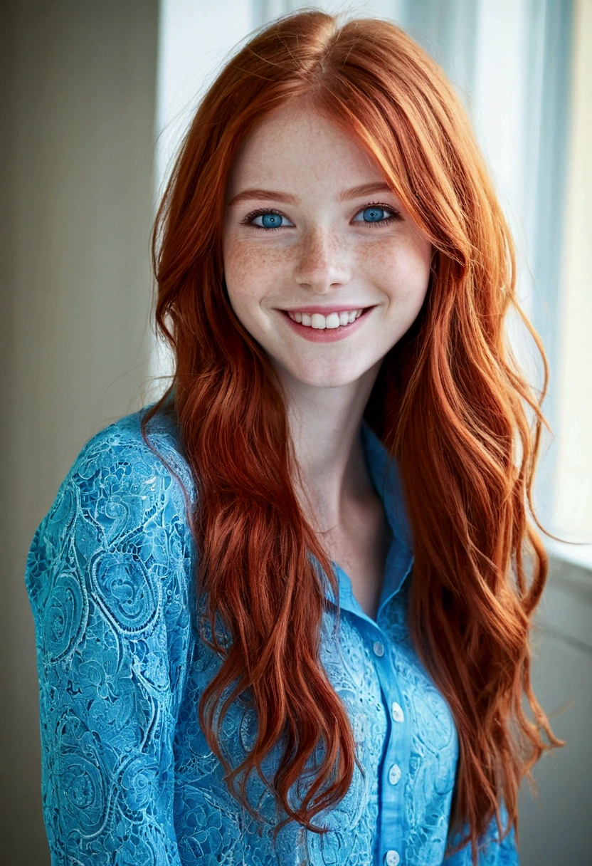 Cute girl, red hair, blue eyes, white skin, skinny, pretty smile, blue shirt, Long hair 