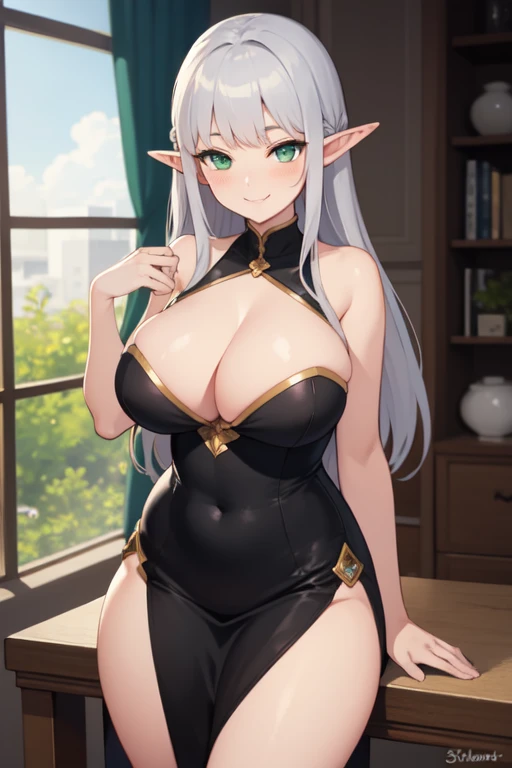 ((best quality)), ((masterpiece)), (detailed), elf girl, chubby body, wide hips, huge round breasts, , long silver hair, green eyes, wearing black dress, big cleavage, shy smile, relaxed pose