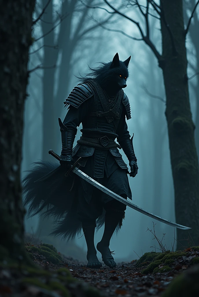 very strong、Wolf Samurai、(A black aura erupts)、Impenetrable、Warrior、The body is slender、Pitch black armor、Dark Messenger、((Walking through a very dark forest at night))、(Very realistic)、Ultra HD、16K、He bends down and prepares to draw his sword.、((Tattered Metal Armor))、A very long and thin sword that shines mysteriously