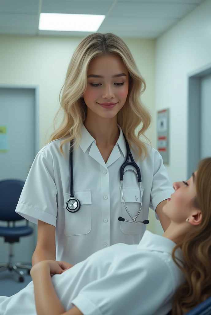 (photorealism:1.2), at army camp infirmery, a young white blonde nurse, military nurse uniforme, health check test