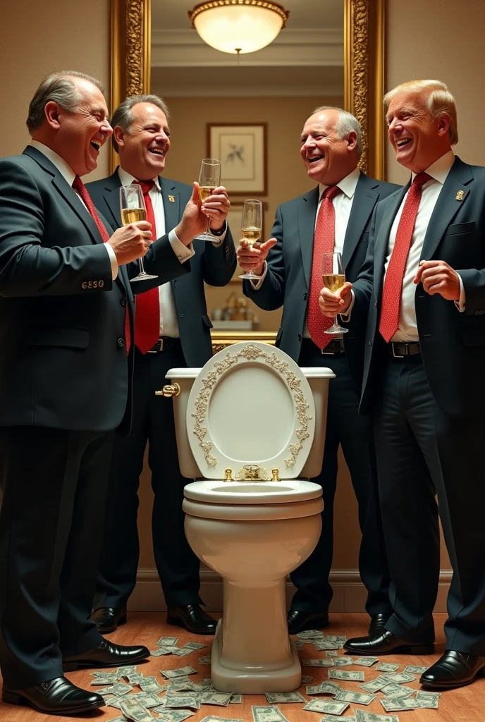 create an image of money being flushed down the toilet while politicians drink champagne and laugh, representing how public money is wasted